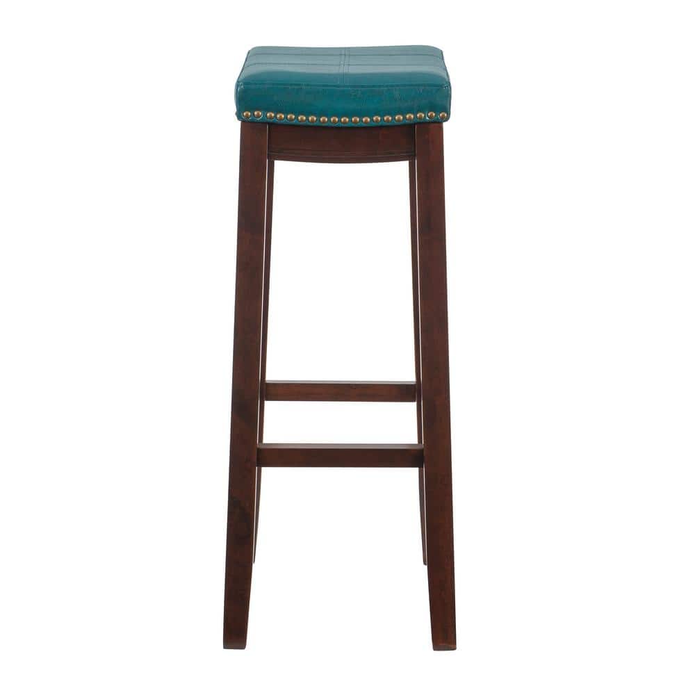 Claridge Dark Brown & Blue Faux Leather 32" Backless Saddle Bar Stool
