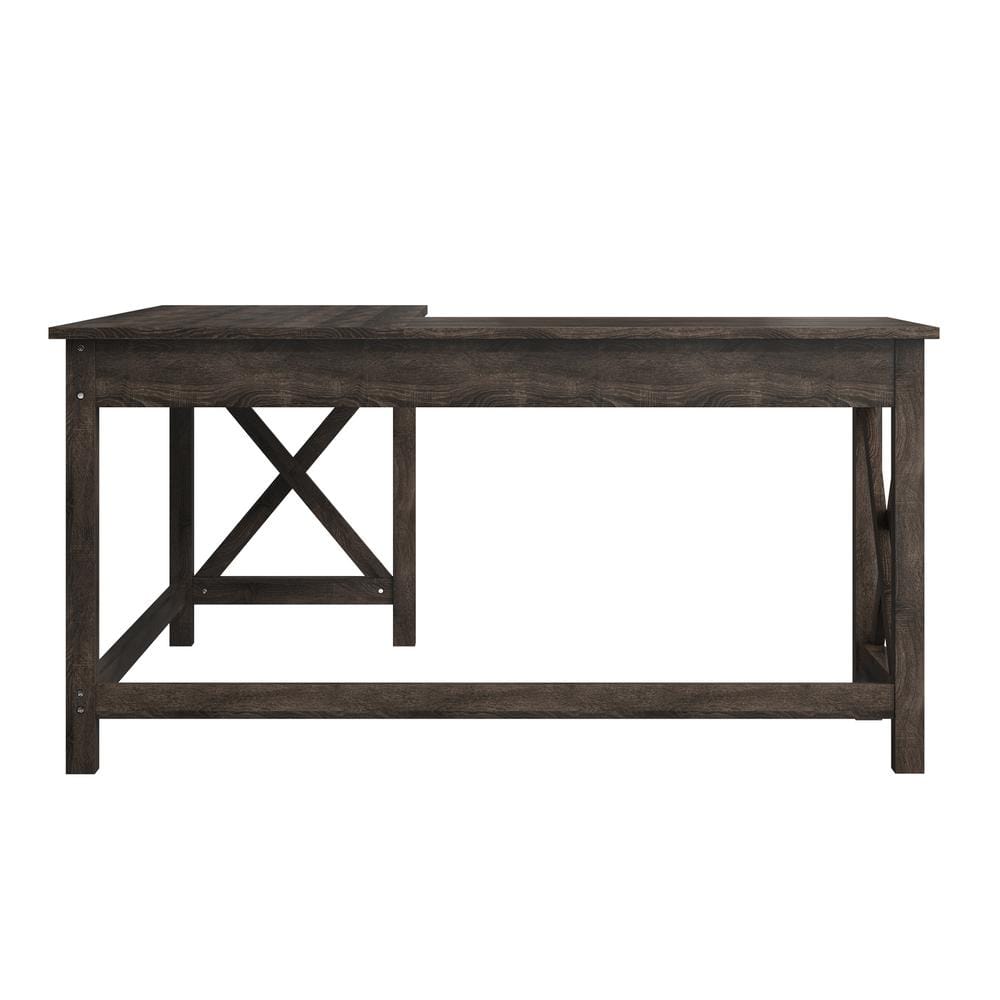 Dark Gray Oak L-Shaped Computer Desk with X-Pattern Legs