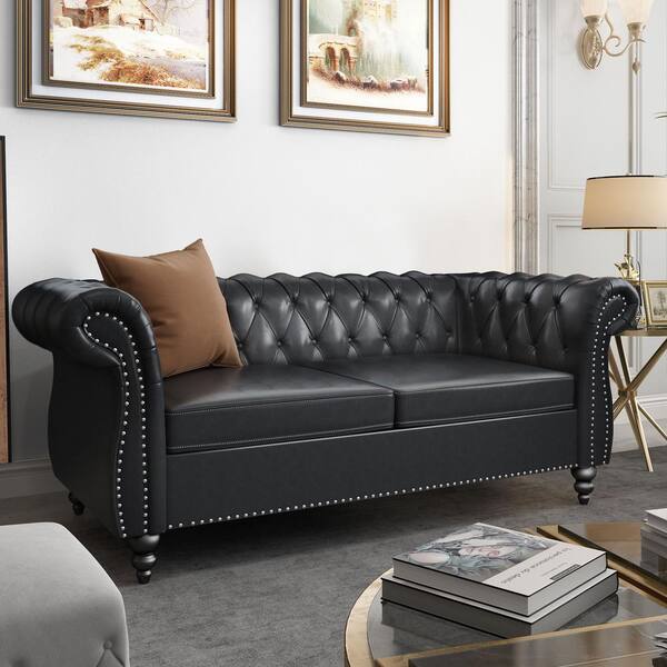 ATHMILE Black 62 in. Faux Leather 2-Seater Loveseat