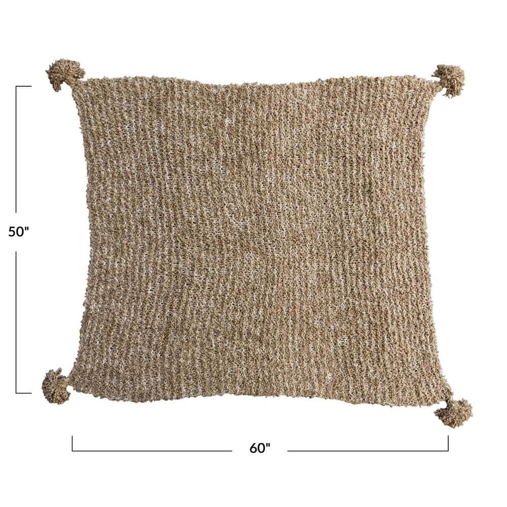Tan Cotton Chunky Knit Throw Blanket with Tassels