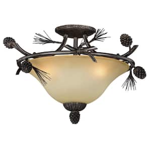 Sierra 18-in W Bronze Rustic Pinecone Bowl Semi Flush Mount Ceiling Light Cream Glass