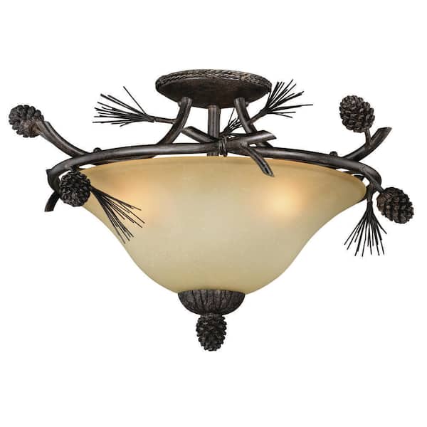VAXCEL Sierra 18-in W Bronze Rustic Pinecone Bowl Semi Flush Mount Ceiling Light Cream Glass