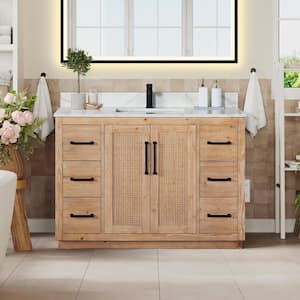 Floral 48 in. W x 22 in. D x 33 in. H Freestanding Bath Vanity in Brown with Calacatta White Quartz Top without Mirror
