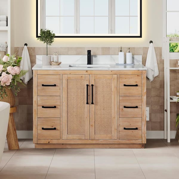 Altair Floral 48 in. W x 22 in. D x 33 in. H Single Sink Freestanding Bath Vanity in Brown with Calacatta White Quartz Top