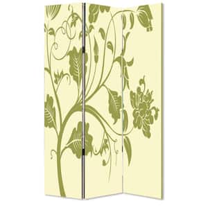 Cream and Green 3-Panel Room Divider with Stems and Flower Pattern