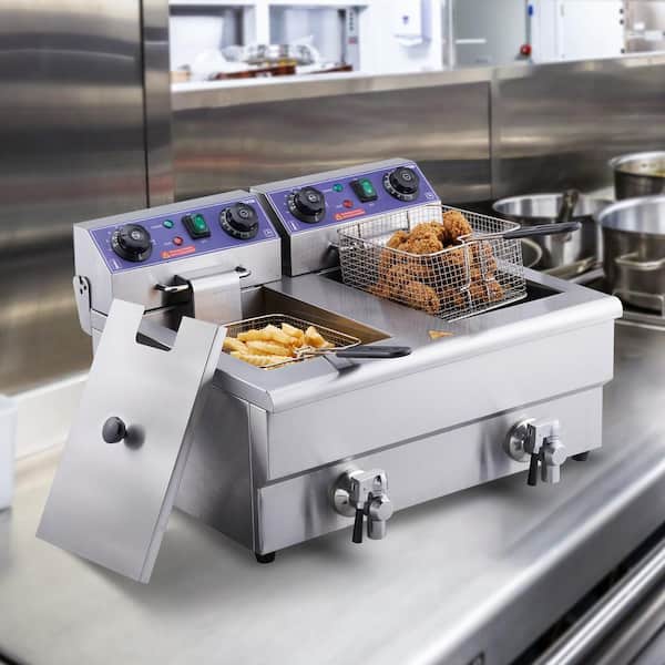 Commercial Electric Deep Fryer, 24L 3000W Stainless Steel Electric Countertop Fryer Control and Oil Filtration, Silver