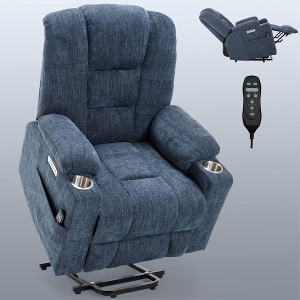 Blue Power Lift Recliner Chair with Massage, Heat, USB & Type-C Ports, and Dual Steel Cup Holders