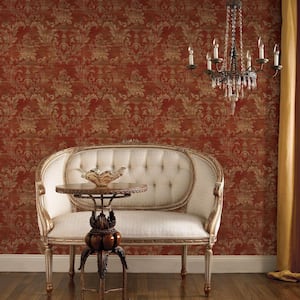 Sari Damask Wallpaper in Gold, Red and Dark Green