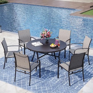 Black 7-Piece Metal Slat Round Table Outdoor Patio Dining Set with Brown Textilene Chairs