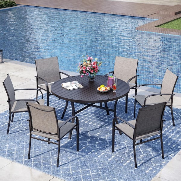 PHI VILLA Black 7-Piece Metal Slat Round Table Outdoor Patio Dining Set with Brown Textilene Chairs