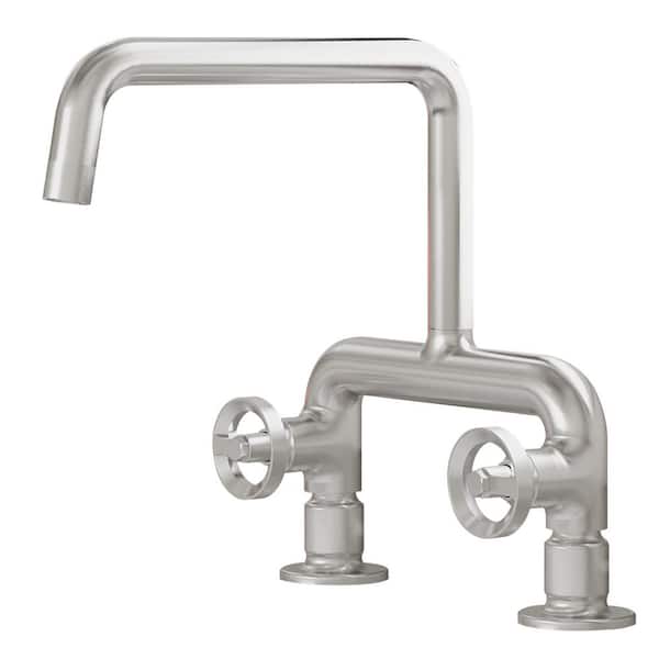Double Handle Bridge Kitchen Faucet Brass 2 Hole Commercial Modern Kitchen Sink Faucets in Brushed Nickel