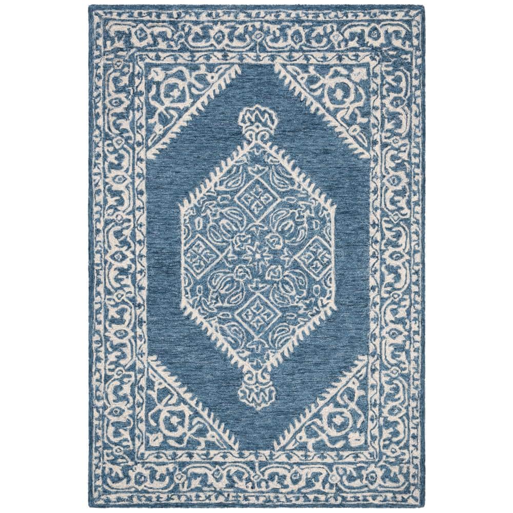Blue and Ivory Tufted Wool 4' x 6' Area Rug