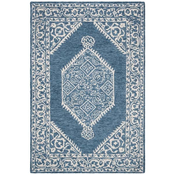 SAFAVIEH Micro-Loop Blue/Ivory 4 ft. x 6 ft. Medallion Floral Border Area Rug