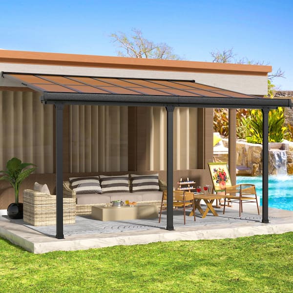 VEIKOUS 14 ft. x 10 ft. Polycarbonate Patio Covers Wall Mount Gazebo Pergola, Black