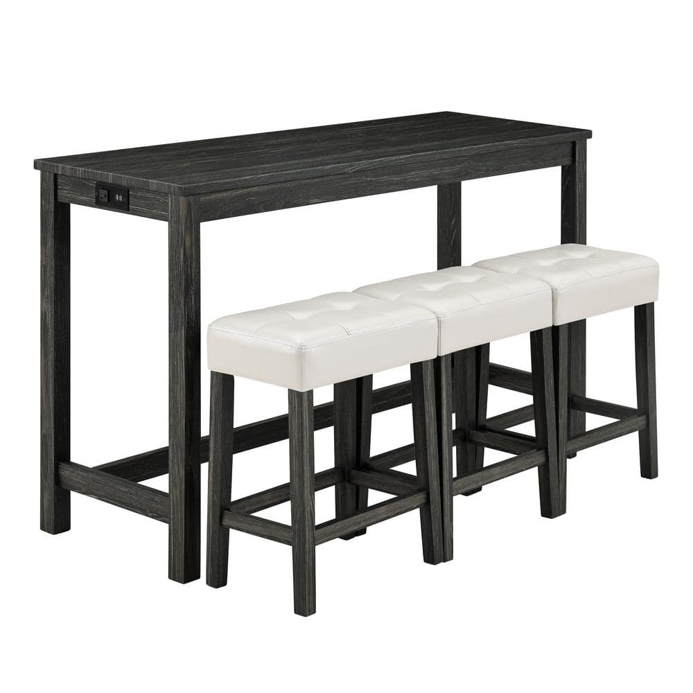 4-Piece Black MDF Wood Rectangular Outdoor Dining Set with White Cushions