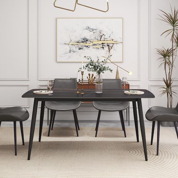 63 in. Black Round Edge Sintered Stone with Black Metal 4-Legs Dining Table (Seats-6)