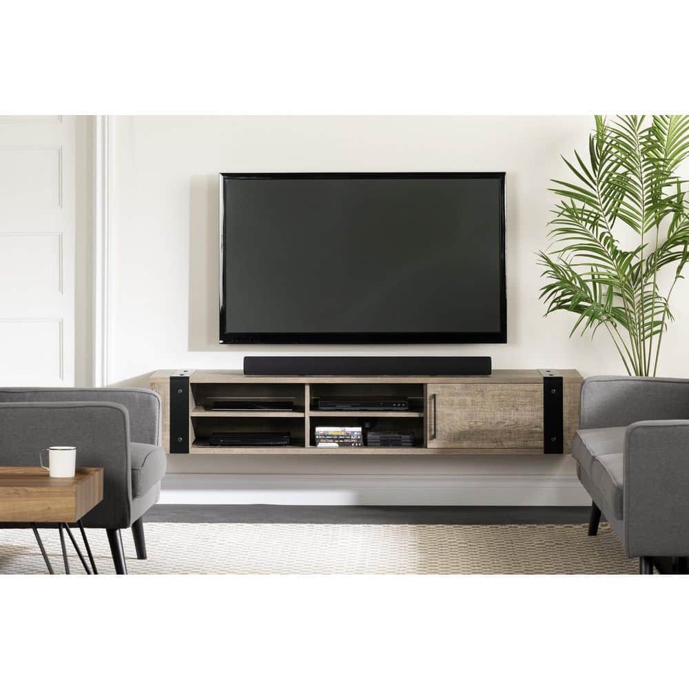 Weathered Oak Wall Mounted TV Stand with Cabinet