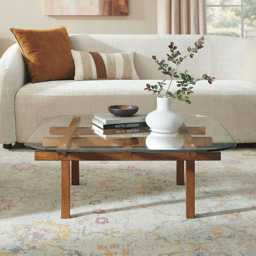 MODWAY Isby 35 Inch Walnut Square Tempered Glass Top Coffee Table