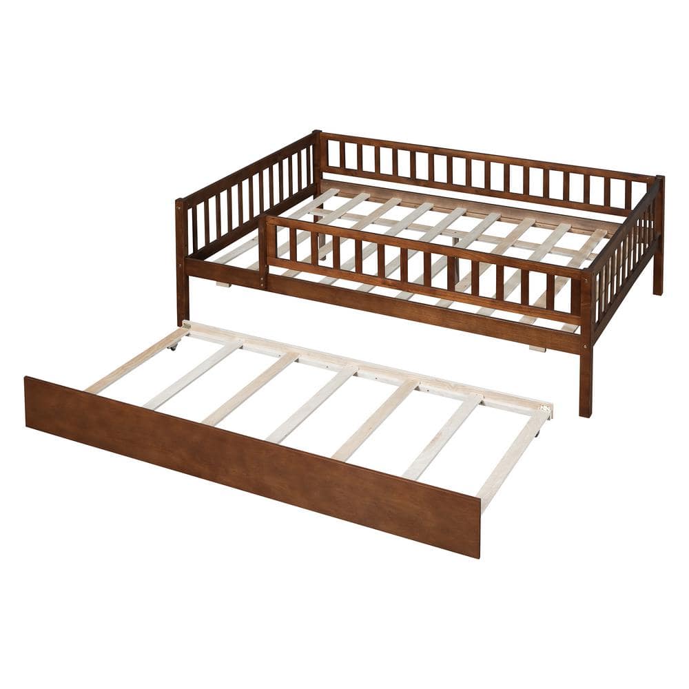 79.5 in. W x 57 in. D x 28.3 in. H Brown Wood Linen Cabinet with Full Size Daybed, Trundle and Fence Guardrails