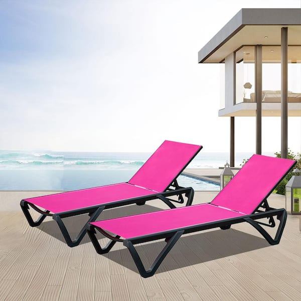 Unbranded Rose Red 2-Piece Aluminum Outdoor Lounge Chair, Patio Chaise Lounge with 5-Position Adjustable Backrest and Wheels