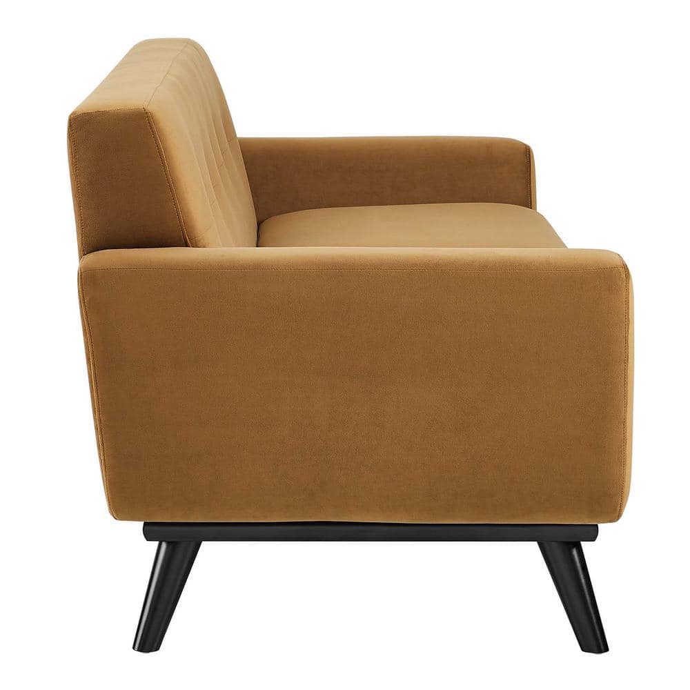 Cognac Velvet Tufted Loveseat with Black Wood Legs
