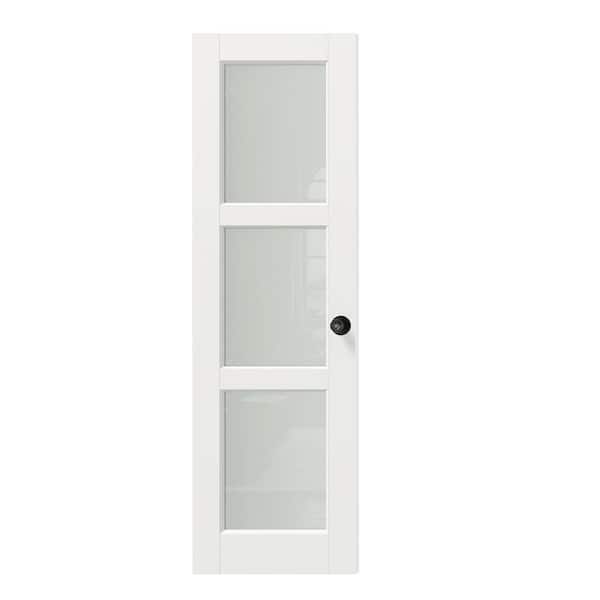 24 in. x 80 in. MDF Wood, Primed, White, 3-Lite, Frosted Glass Interior Door Slab With Black Goal Doorknob