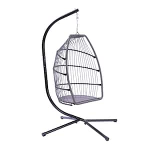 31 in. 1-Person Black Wicker Patio Swing Hammock Egg Chair With C Type Bracket and Grey Cushion