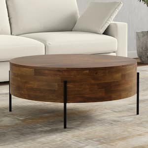 Rayburn 38 in. Walnut Brown Wide Round Modern Urban Drum Solid Mango Wood Coffee Table