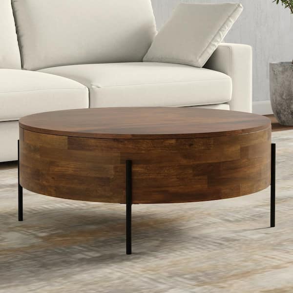 Simpli Home Rayburn 38 in. Walnut Brown Wide Round Modern Urban Drum Solid Mango Wood Coffee Table