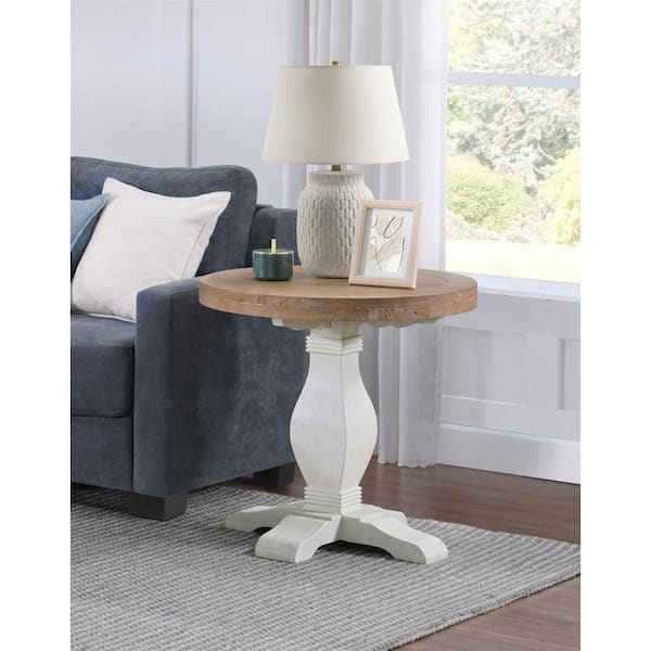 Martin Svensson Home Napa 26 in. White and Driftwood Brown Round Solid Wood Pedestal End Table