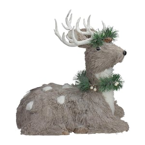 14 in. Gray Sitting Sisal Reindeer with Wreath Christmas Figure
