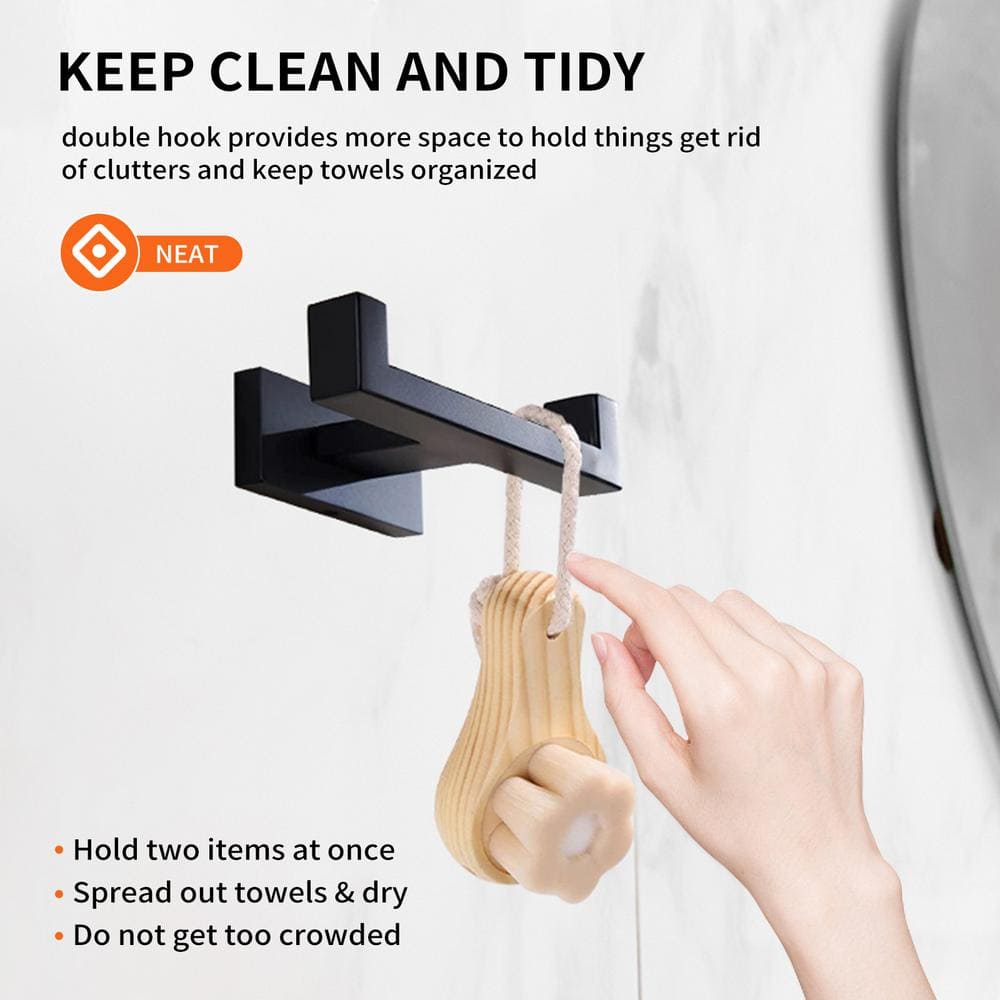 Matte Black Square Double Robe and Towel Hook Set