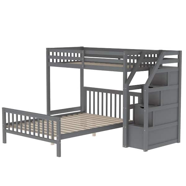 Twin over Full Loft Bed with Staircase, Gray