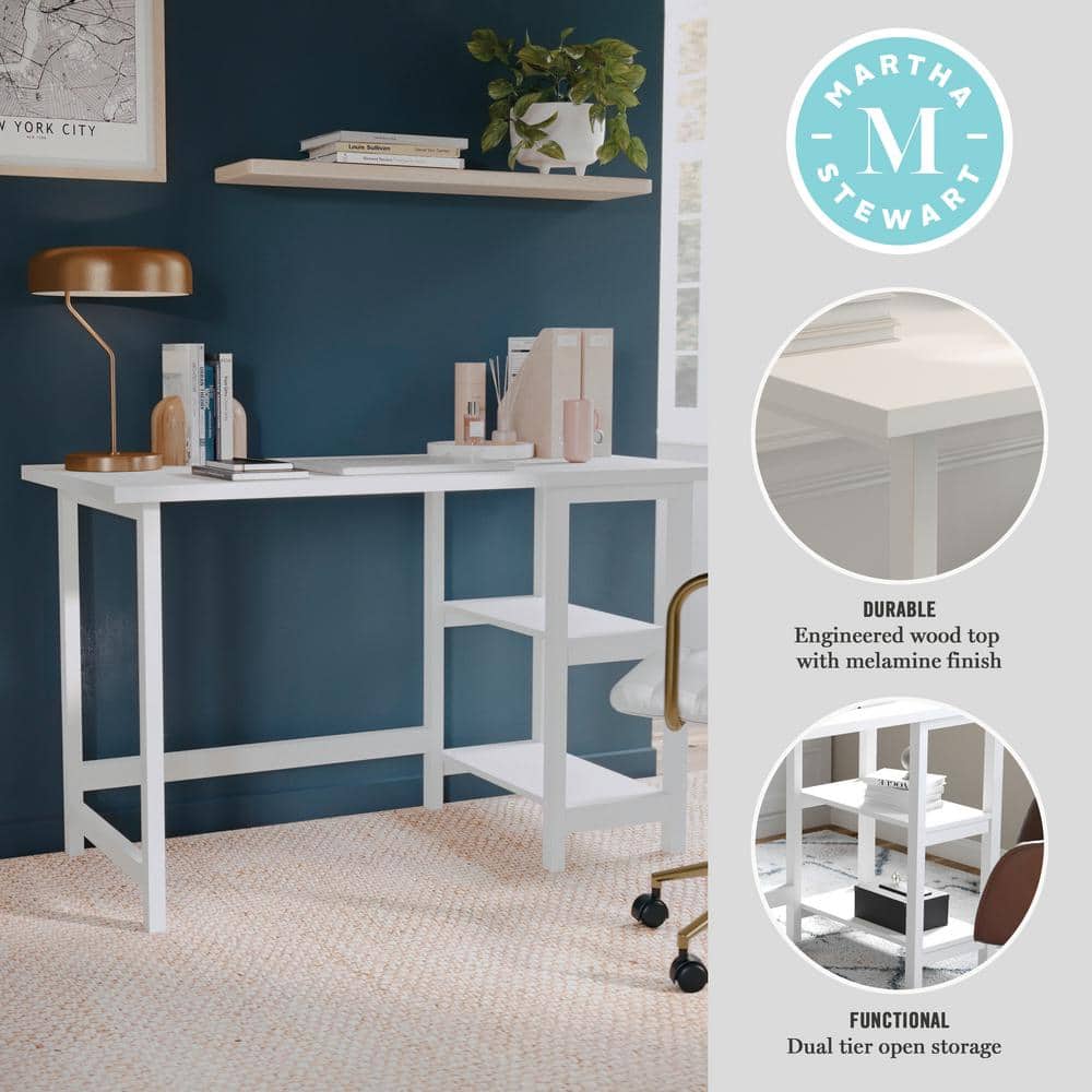 White Wood Grain Home Office Trestle Desk with Shelves