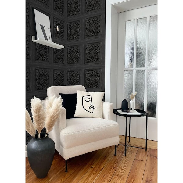 Carved Floral Black Wood Peel and Stick Sample, 8 in. x 10 in. Wallpaper Sample