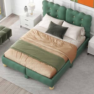 Green Wood Frame Full Linen Upholstered Platform Bed with Button-Tufted Biscuit-Shape Headboard, Additional Legs