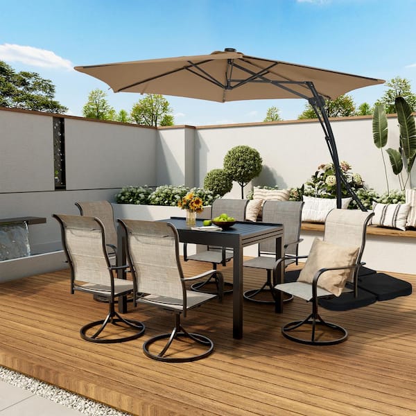 10 ft. Hexagon Steel Offset Patio Umbrella with Solar Light in Tan