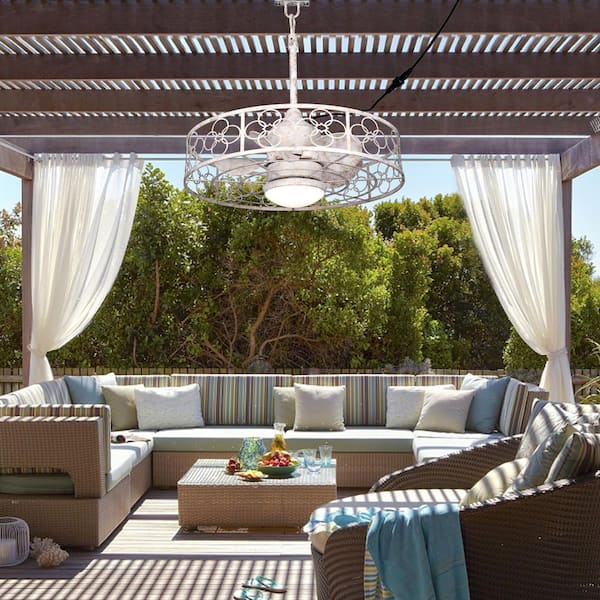 23 in. Outdoor Distressed White Caged Ceiling Fan with LED Light and Remote, 6-Speed Fandeliers