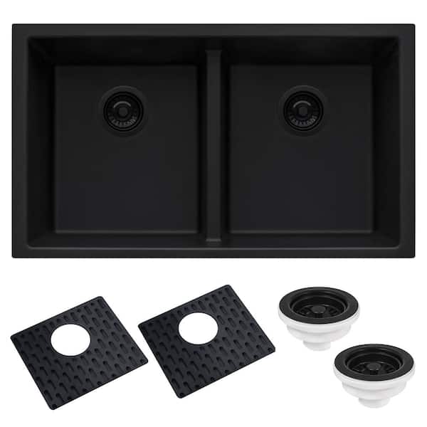Ruvati epiGranite 33 in. Undermount Double Bowl Kitchen Sink in Midnight Black Granite Composite with Low Divide