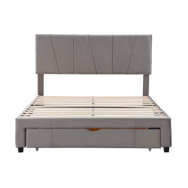 STICKON Gray Wood Frame Queen Size Upholstery Platform Bed with Drawer