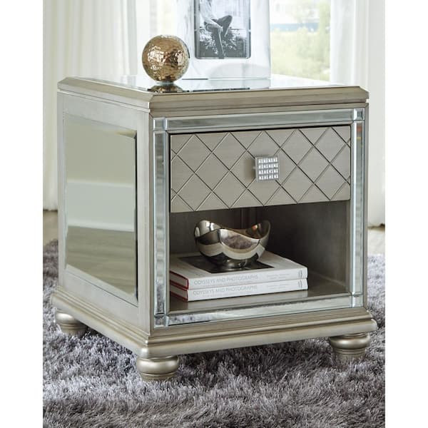 Chevanna 23 in. Metallic Rectangle Glass End Table with Storage and Drawers and Shelves