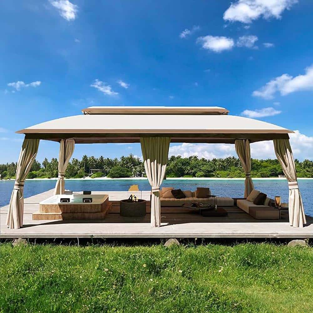Beige Metal Patio Gazebo with Double-Tier Roof and Curtains