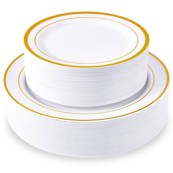 Disposable Gold Plastic Plates Set for Special Event, 100 Pieces with 50 x 10 in and 50 x 7 in Plates