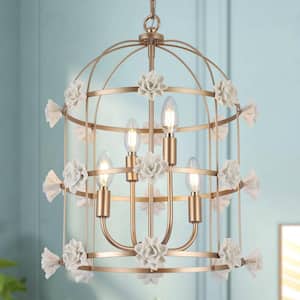 Modern Gold Hanging Chandelier Light, 4-Light Contemporary Cage Dining Room Chandelier with White Ceramic Flowers