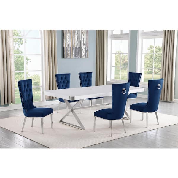 Best Quality Furniture Miguel 7-Piece Rectangle White Wood Top Silver Stainless Steel Dining Set with 6 Navy Blue Velvet Chairs