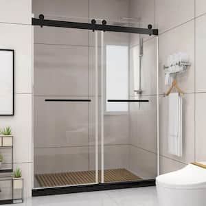 60 in. W x 76 in. H Freestanding Double Sliding Frameless Enclosure Alcove Shower Doors in Matte Black Finish
