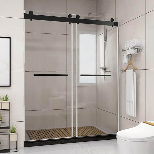 Satico 60 in. W x 76 in. H Freestanding Double Sliding Frameless Enclosure Alcove Shower Doors in Matte Black Finish