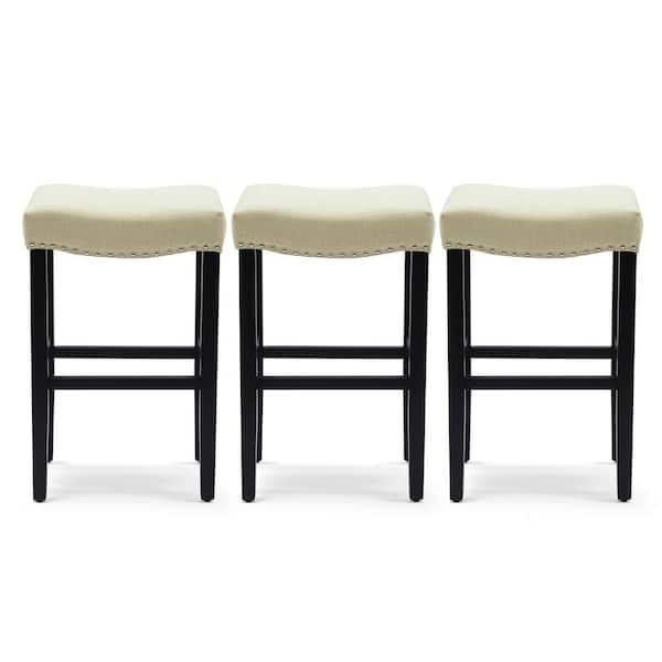 WESTINFURNITURE Jameson 29 in. Bar Height Black Wood Backless Nail Head Trim Barstool, Upholstered Beige Linen Saddle Seat (Set of 3)