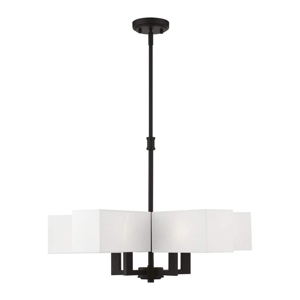 Satin Brass and Black 5-Light Chandelier with Fabric Shades