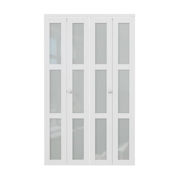 48 in. x 96 in. 3-Lite Frosted Glass Solid Core White Finished Glass Closet Bi-Fold Door with Hardware